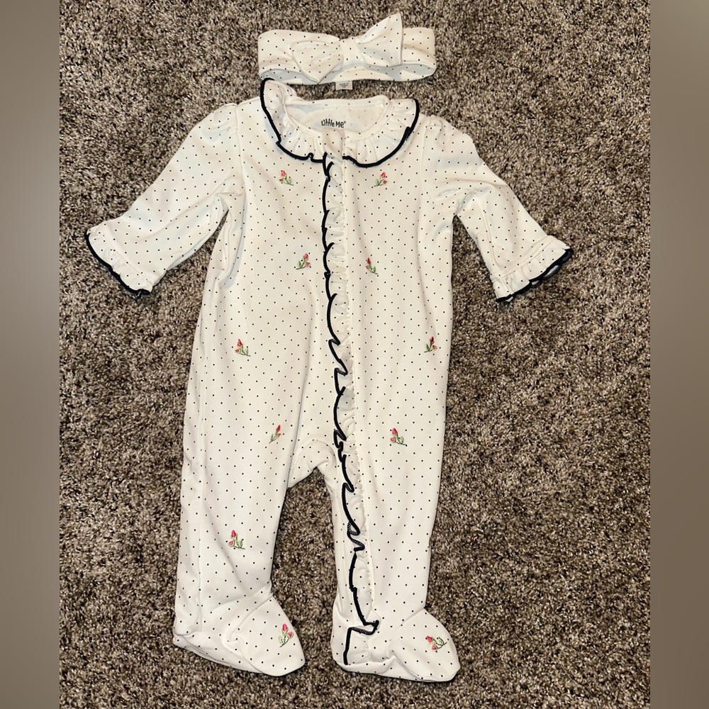 Little Me Rosebud 2-Way-Zip Footed One-Piece and Headband Size 3M